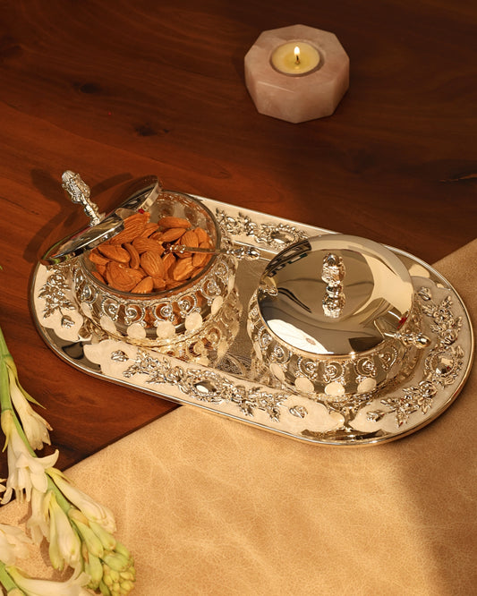 Pair of enamel candy jar with oval tray (White)