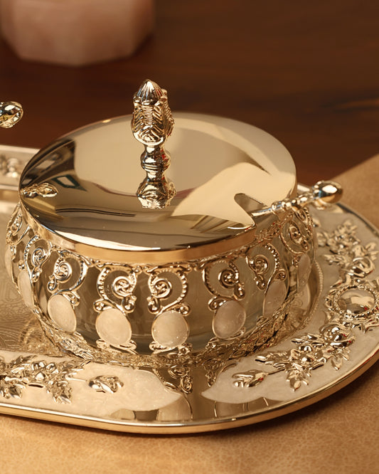 Pair of enamel candy jar with oval tray (White)