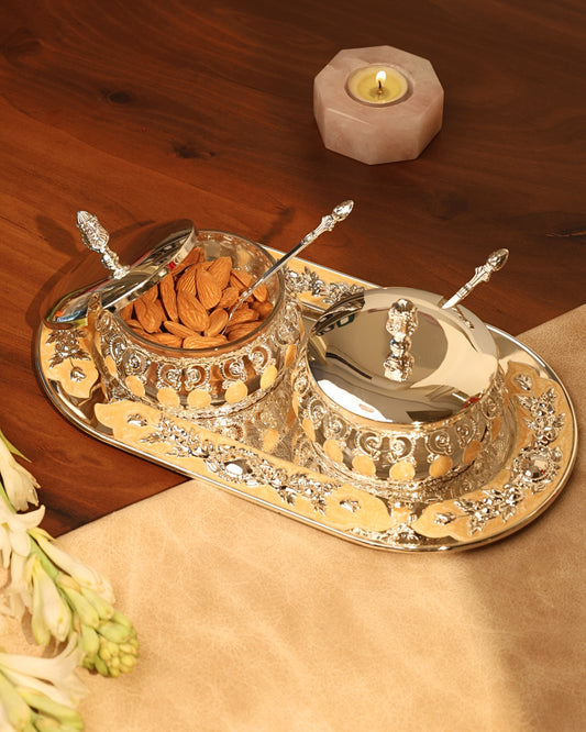 Pair of enamel candy jars with oval tray (Peach)