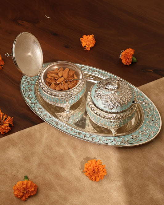 Peacock sugar pots with oval tray (Set of 2)