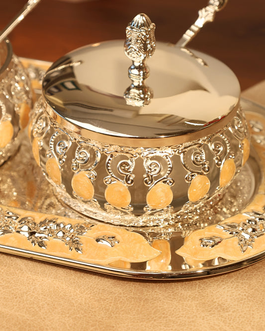 Pair of enamel candy jars with oval tray (Peach)