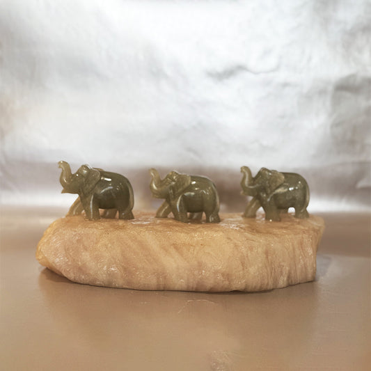 Natural green aventurine elephants with rose quartz abstract base