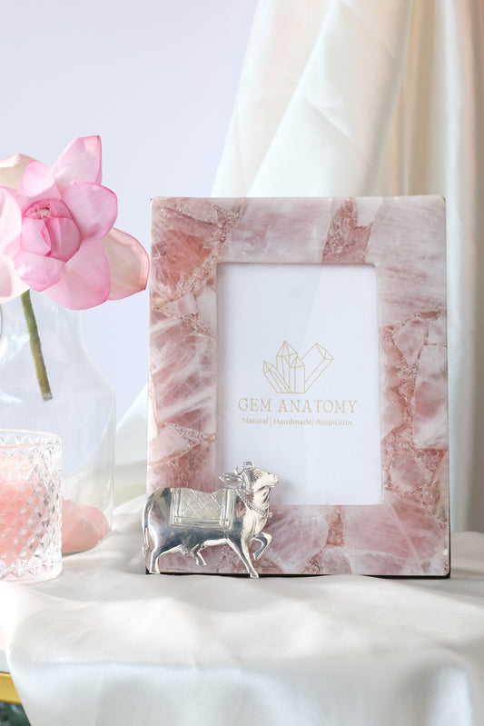 NATURAL ROSE QUARTZ PHOTOFRAME WITH PURE SILVER COW