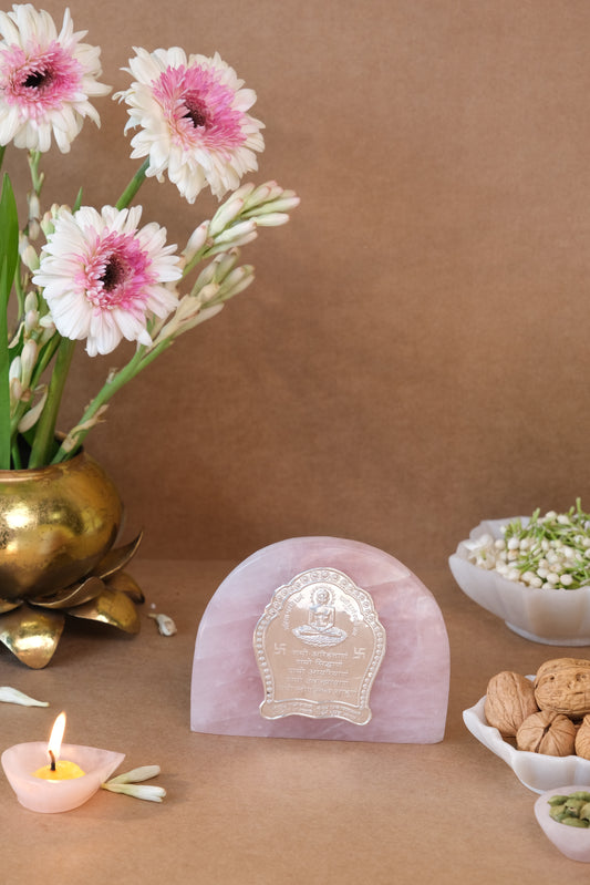 Natural Rose Quartz Stone With Pure Silver Namokar Mantra Mahaveer