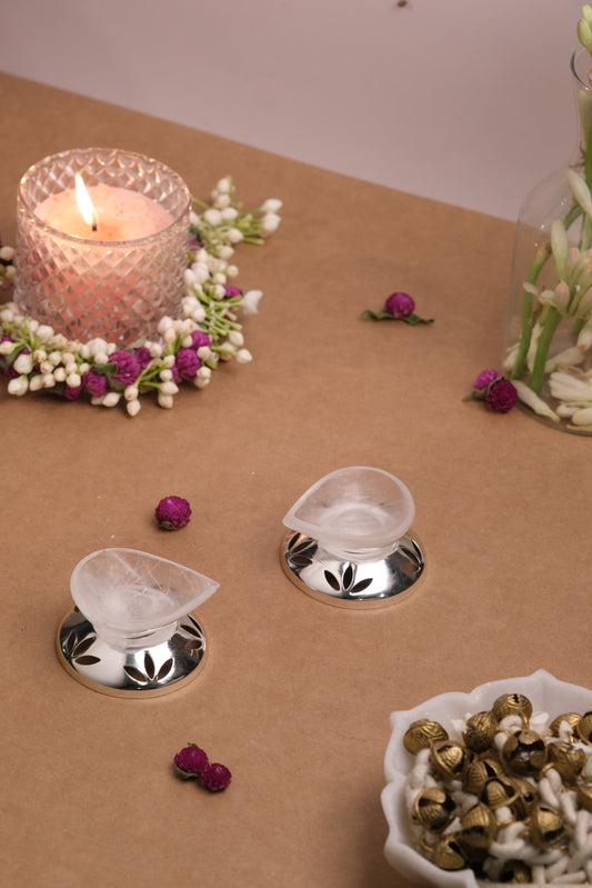 Natural Clear Quartz Diya/Lamp with silver plated base (Set Of 2)