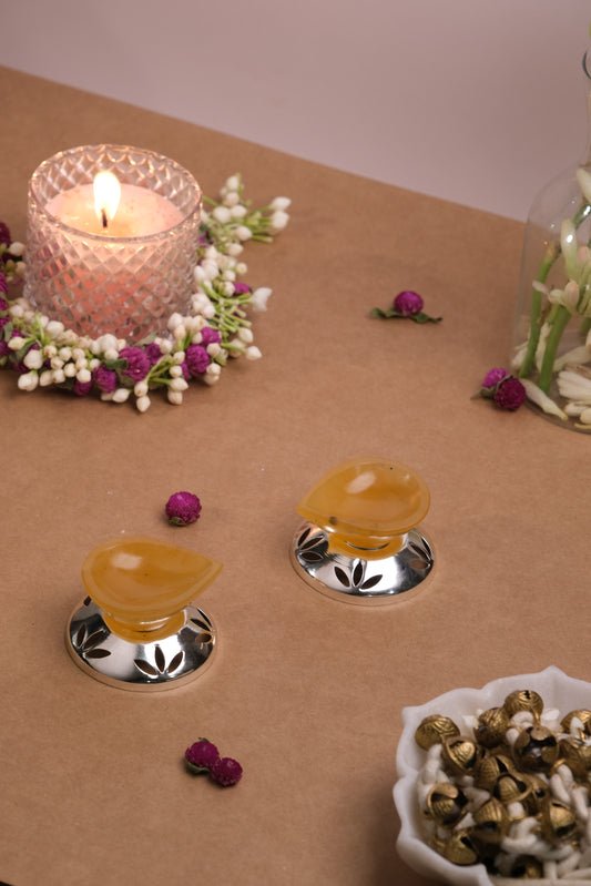 Natural Yellow Quartz Diya/Lamp with silver plated base (Set Of 2)