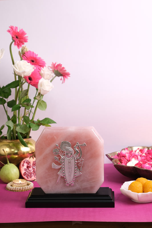 NATURAL ROSE QUARTZ PLATE WITH PURE SILVER SHRINATHJI