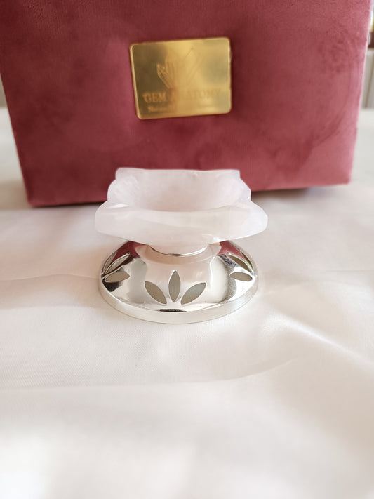 Natural Rose Quartz Four Sided Diya/Lamp with silver plated base (Set Of 2)
