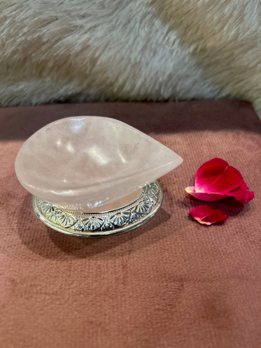 Natural Rose Quartz Diya/Lamp With Silver Base