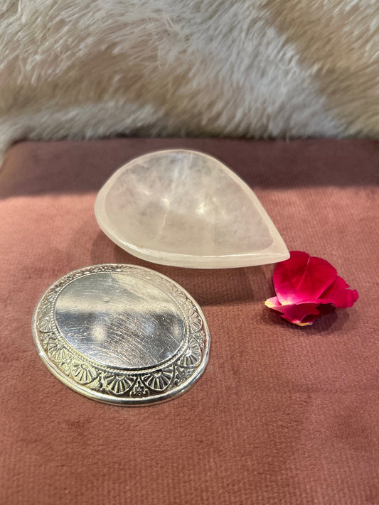 Natural White Quartz Diya/Lamp With Silver Base