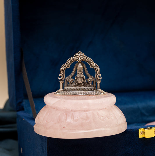 NATURAL ROSE QUARTZ BASE WITH MEHRAB TIRUPATI BALAJI