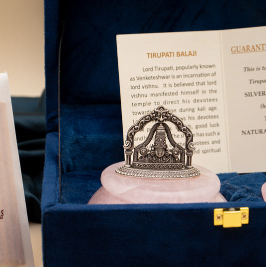 NATURAL ROSE QUARTZ BASE WITH MEHRAB TIRUPATI BALAJI