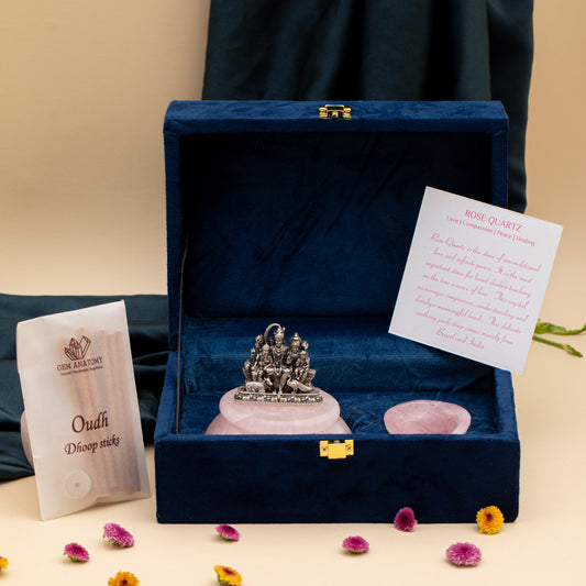 Natural rose quartz base with silver Shiv Parivaar