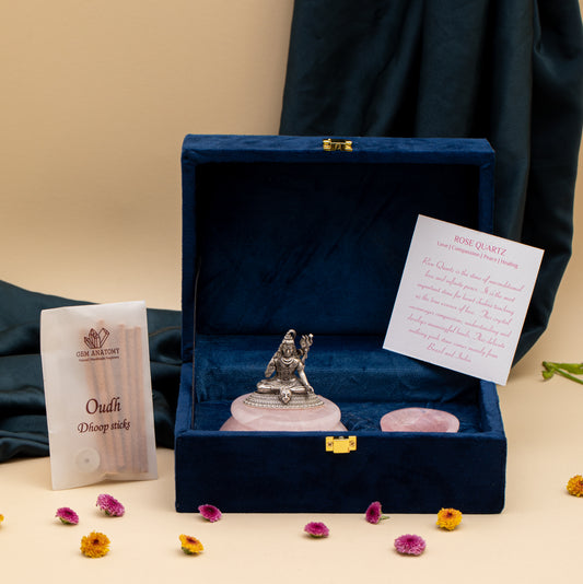 NATURAL ROSE QUARTZ BASE WITH SILVER SHIVA