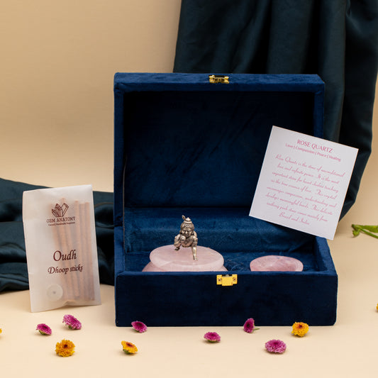 NATURAL ROSE QUARTZ BASE WITH SILVER LADDU GOPALA