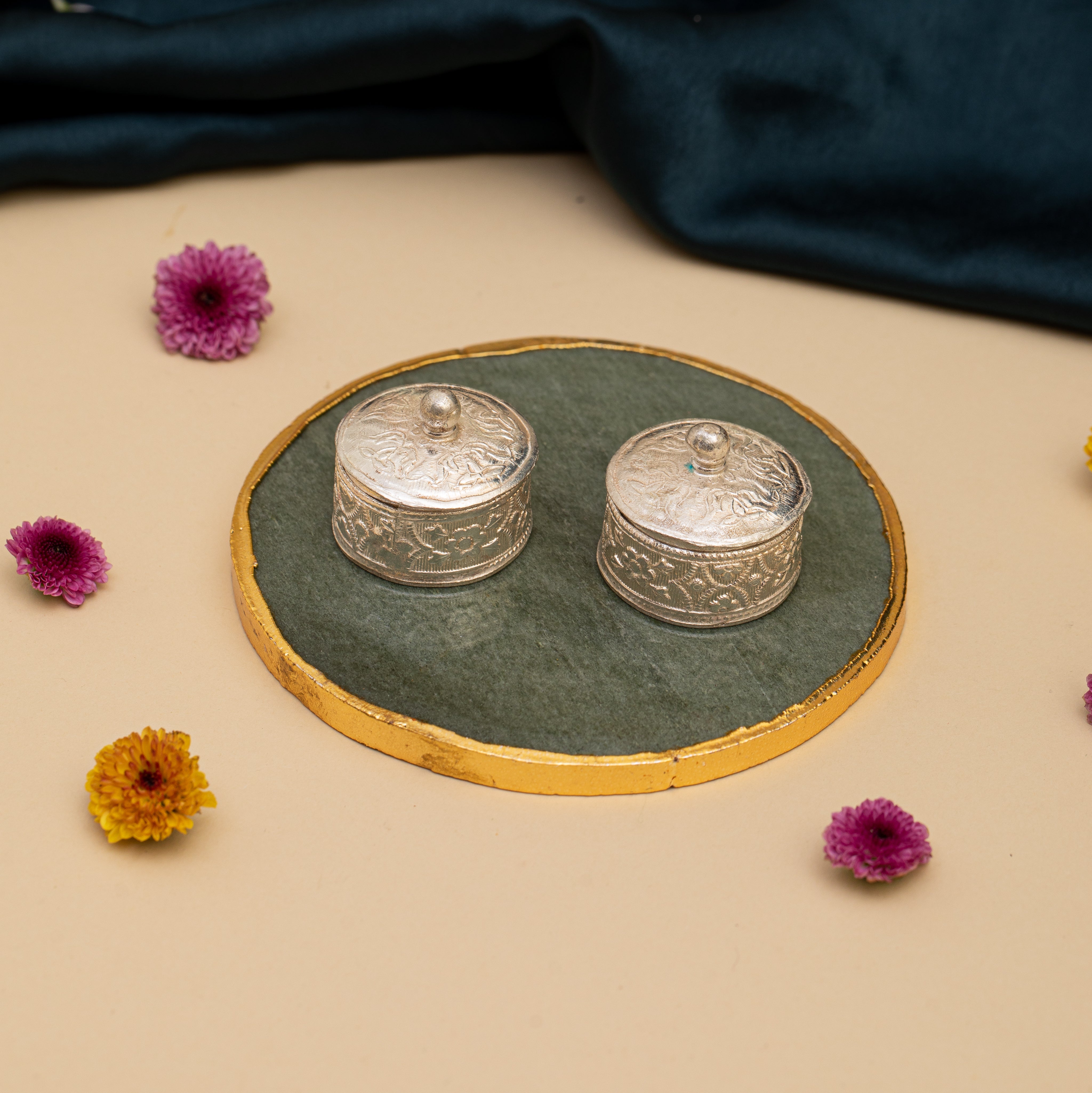 Natural gemstone coasters with silver plated bowls