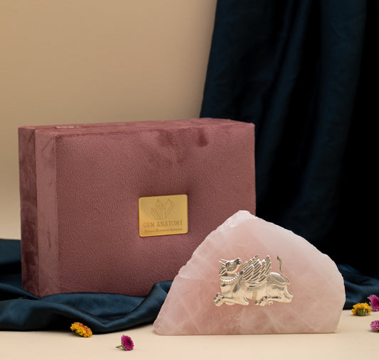 NATURAL ROSE QUARTZ STONE SILVER PLATED KAMDHENU COW