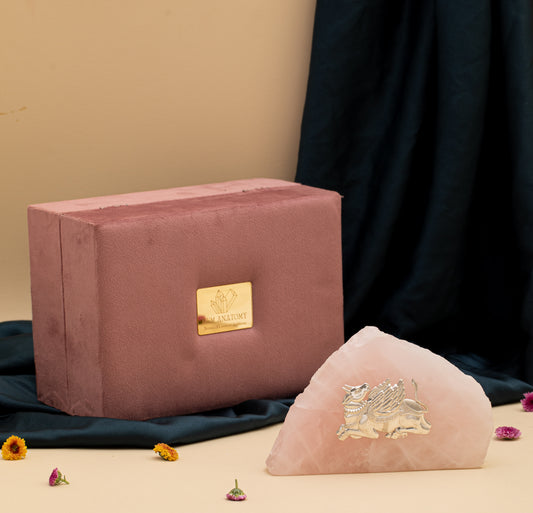 NATURAL ROSE QUARTZ STONE SILVER PLATED KAMDHENU COW