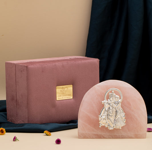 NATURAL ROSE QUARTZ STONE PURE SILVER Radha Krishna With Cow