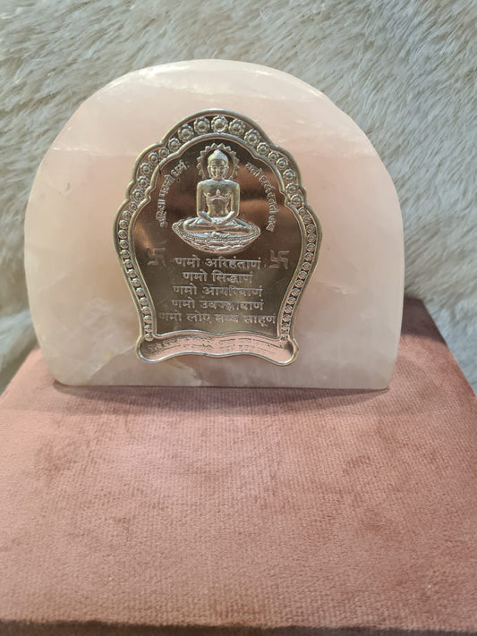 Natural Rose Quartz Stone  With Pure Silver Namokar Mantra Mahaveer