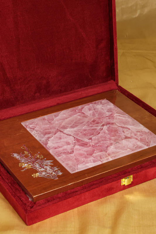 NATURAL ROSE QUARTZ INLAY PLATTER WITH SILVER FLORAL ACCENT ON WOODEN BASE
