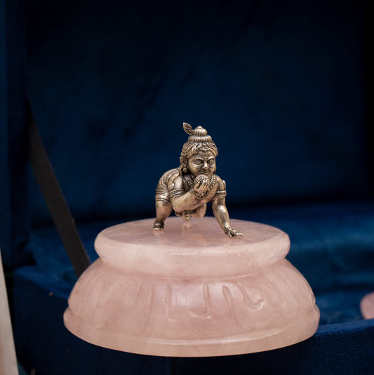 NATURAL ROSE QUARTZ BASE WITH SILVER LADDU GOPALA