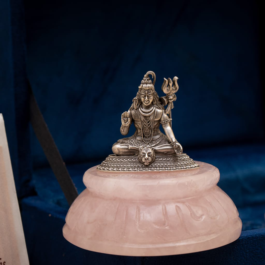 NATURAL ROSE QUARTZ BASE WITH SILVER SHIVA