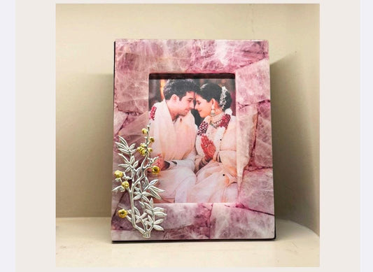 NATURAL ROSE QUARTZ PHOTOFRAME WITH PURE SILVER FLOWER