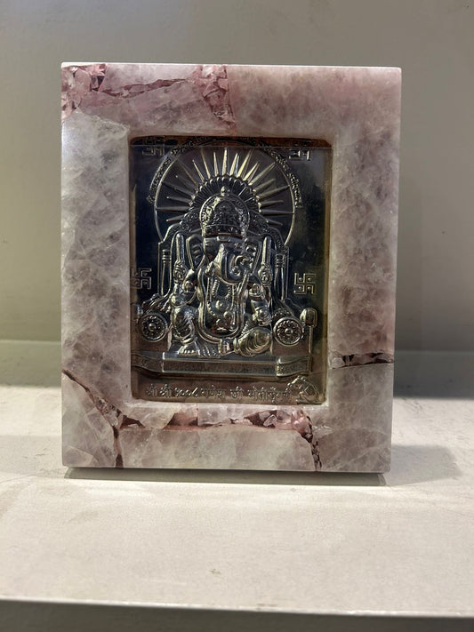Rose Quartz Photoframe (Resin) with silver Moti Dungri Ganesha
