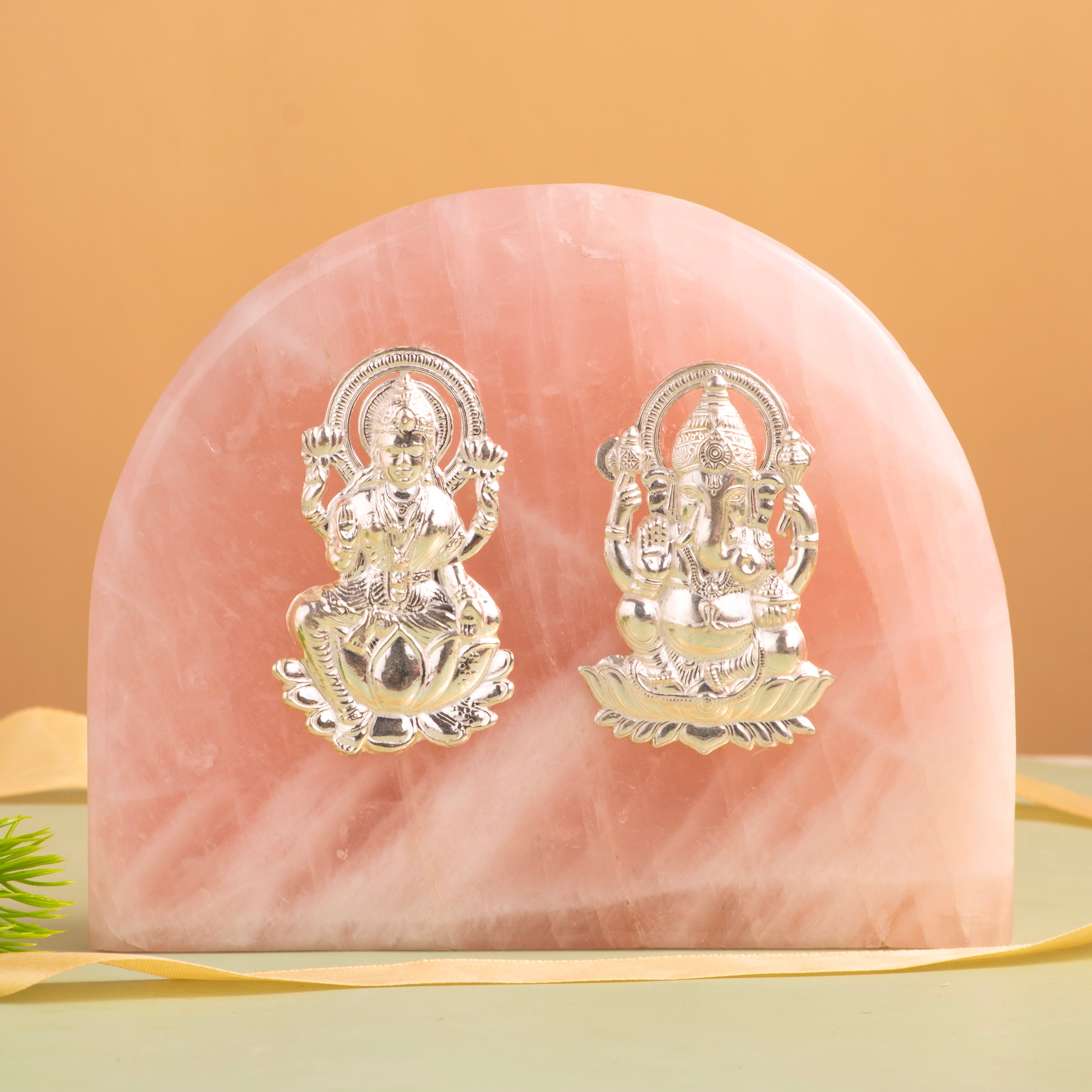 Natural Rose Quartz Stone Pure Silver Lakshmi Ji & Ganesh Ji