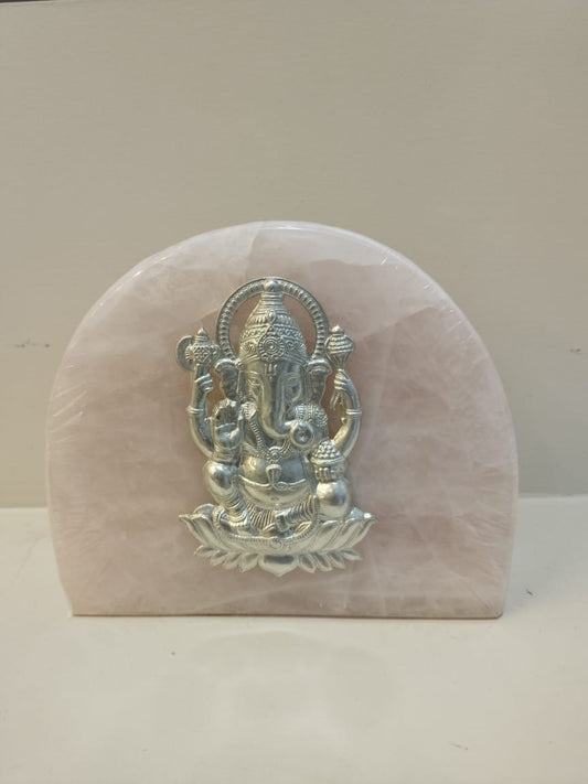 Natural Rose Quartz plate with Silver Ganesha