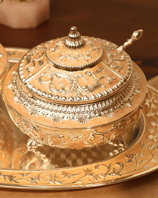 Set of two sugar pots with oval tray (Peach)
