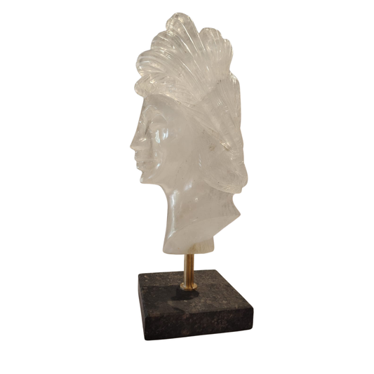 Natural & Handcrafted Clear Quartz Head Sculpture with Black Agate base