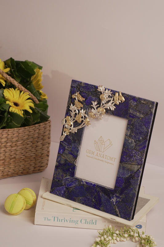 NATURAL LAPIS LAZULI PHOTOFRAME WITH SILVER FLOWER