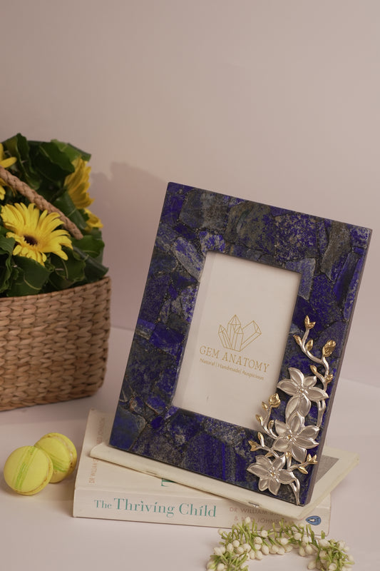 NATURAL LAPIS LAZULI PHOTOFRAME WITH PURE SILVER FLOWER