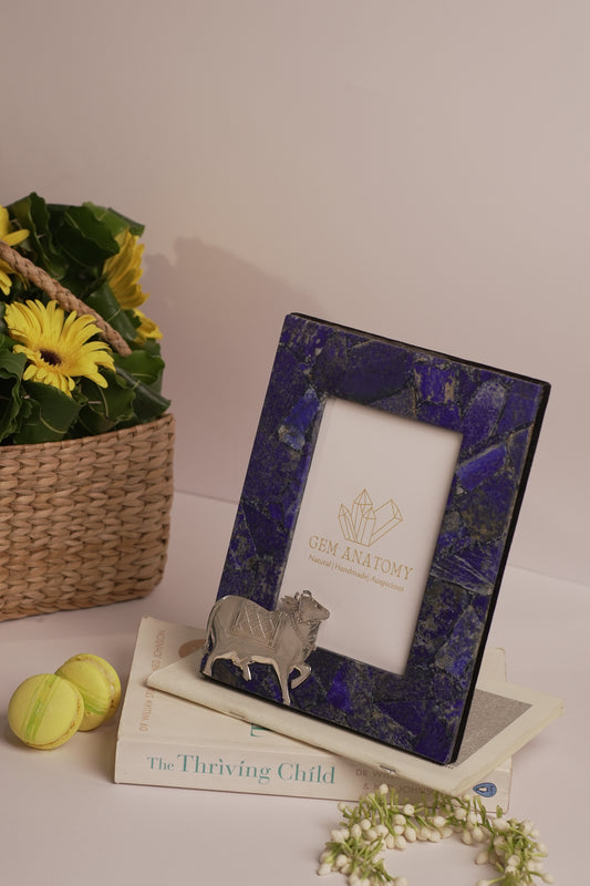 NATURAL LAPIS LAZULI PHOTOFRAME WITH PURE SILVER COW