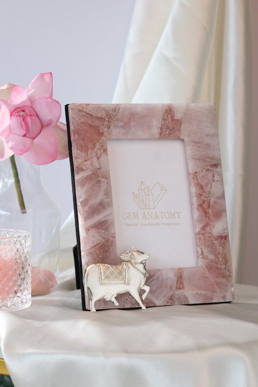 NATURAL ROSE QUARTZ PHOTOFRAME WITH PURE SILVER COW