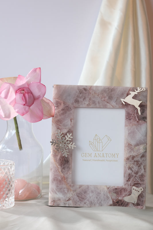 NATURAL ROSE QUARTZ PHOTOFRAME WITH SILVER MOTIFS