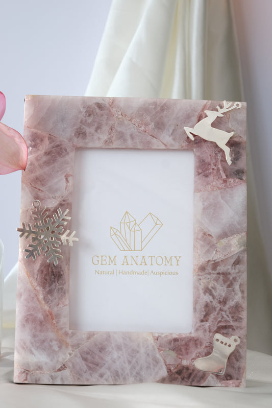 NATURAL ROSE QUARTZ PHOTOFRAME WITH SILVER MOTIFS