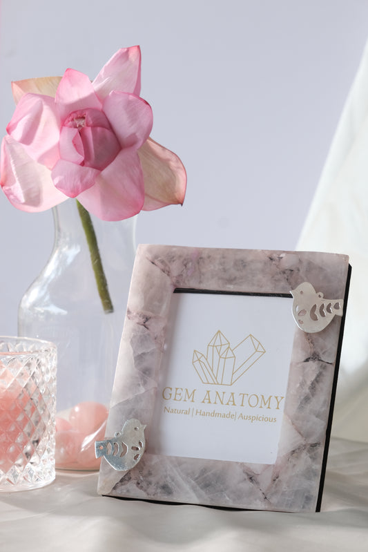 NATURAL ROSE QUARTZ PHOTOFRAME WITH SILVER BIRDS