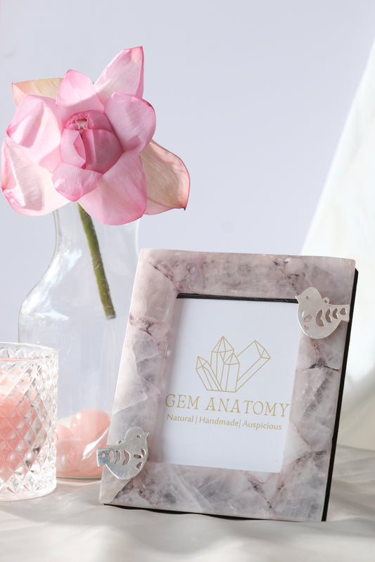 NATURAL ROSE QUARTZ PHOTOFRAME WITH SILVER BIRDS