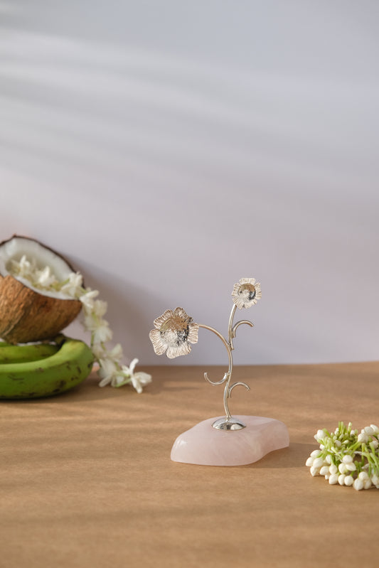 NATURAL ROSE QUARTZ BASE WITH PURE SILVER FLOWER