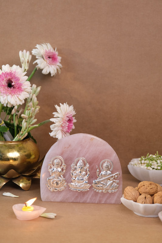 Natural rose quartz stone pure silver Lakshmi Ji Ganesh Ji & Saraswati Ji