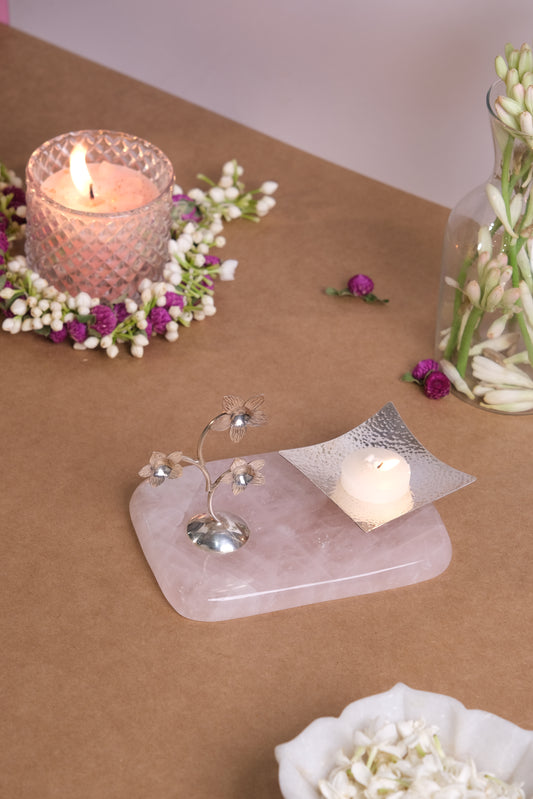 NATURAL ROSE QUARTZ BASE WITH CANDLE STAND & FLOWER