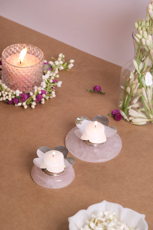 NATURAL ROSE QUARTZ BASE WITH CANDLE STAND