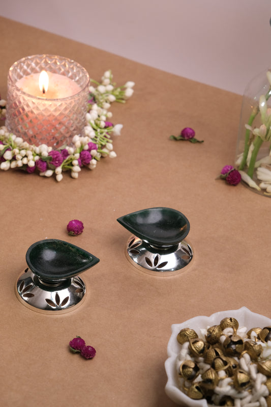 Green Aventurine One Sided Diya/Lamp with silver plated base  (Set Of 2)