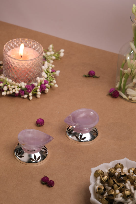 NATURAL AMETHYST DIYA WITH SILVER PLATED BASE (Set of 2)