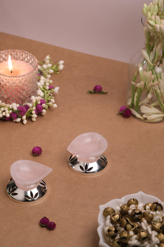 Natural Rose Quartz One Sided Diya/Lamp with silver plated base  (Set Of 2)