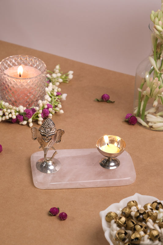 NATURAL ROSE QUARTZ BASE WITH SILVER GANESHA & DIYA HOLDER