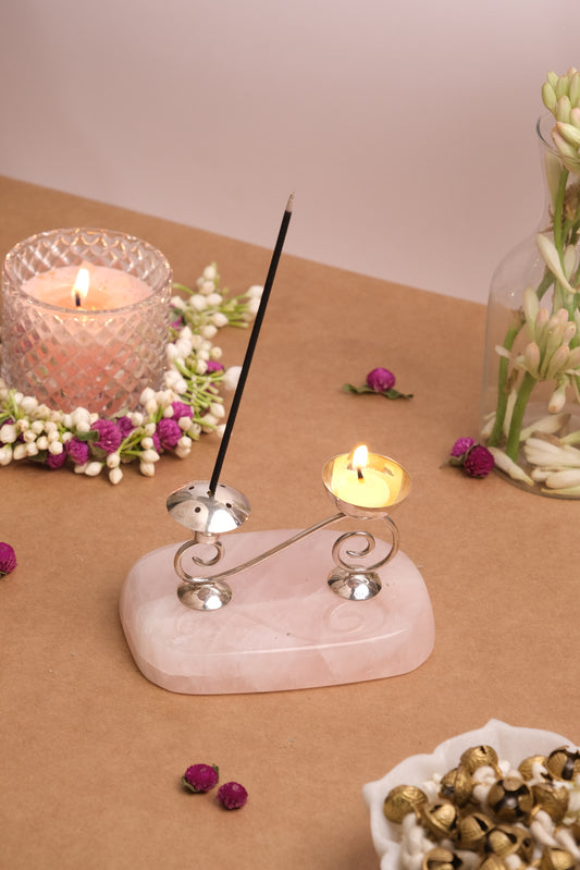 NATURAL ROSE QUARTZ BASE WITH SILVER DIYA HOLDER & AGARBATTI STAND